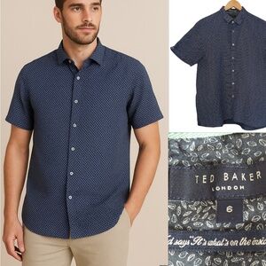 Ted Baker Navy Blue Linen Blend Short Sleeve Shirt XXL